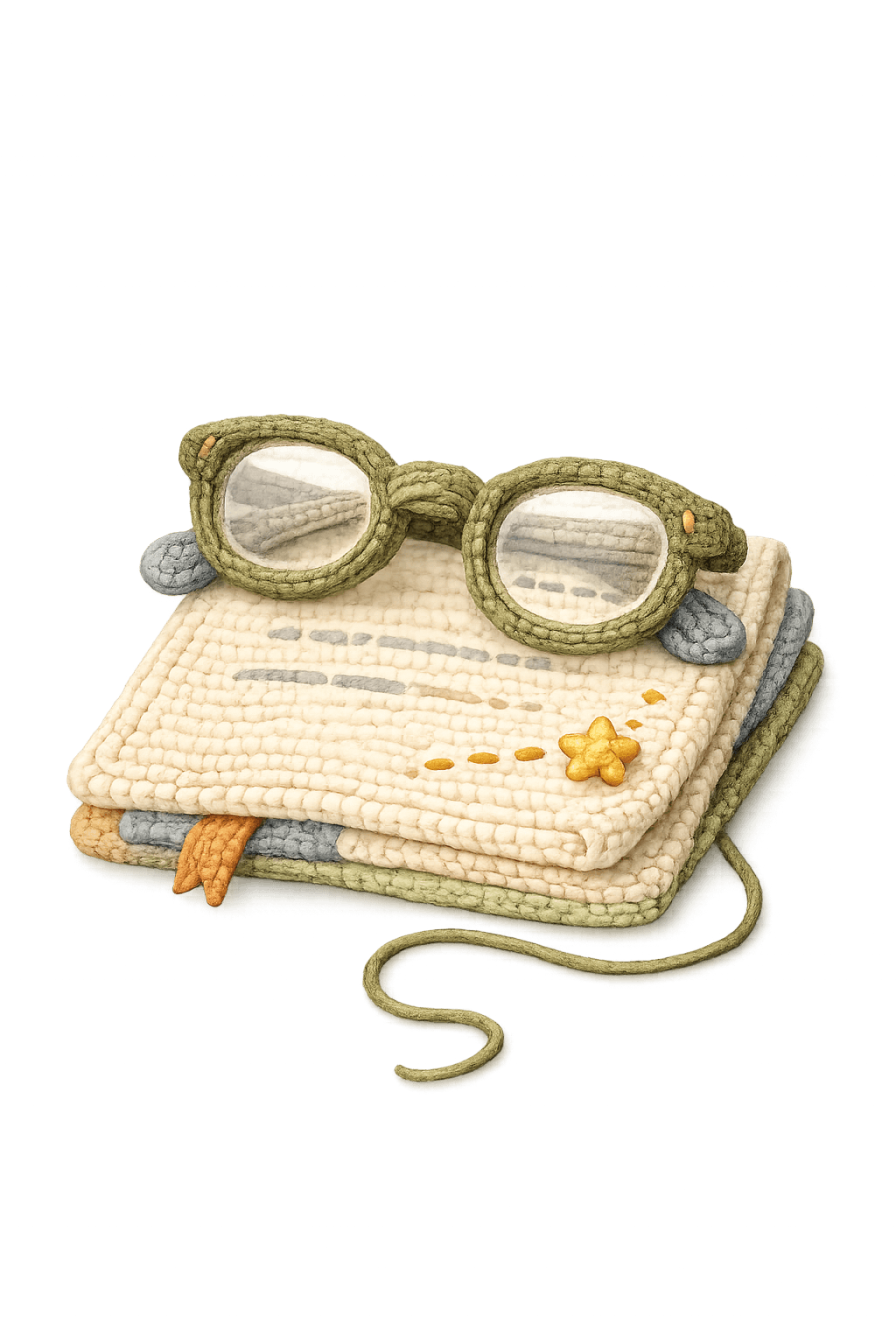 A crochet stack of books topped with reading glasses