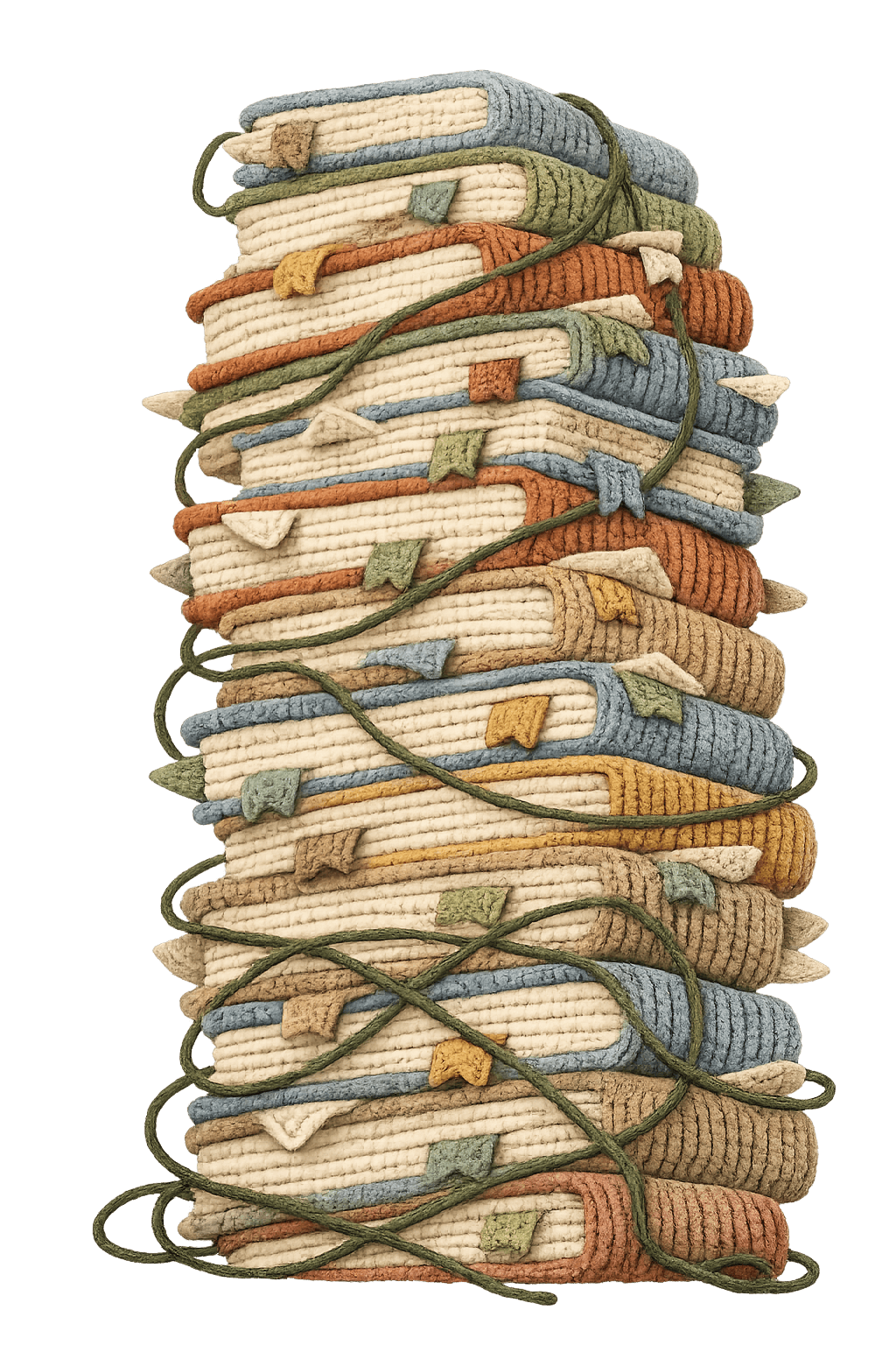 A tall stack of crochet books tangled in green cord