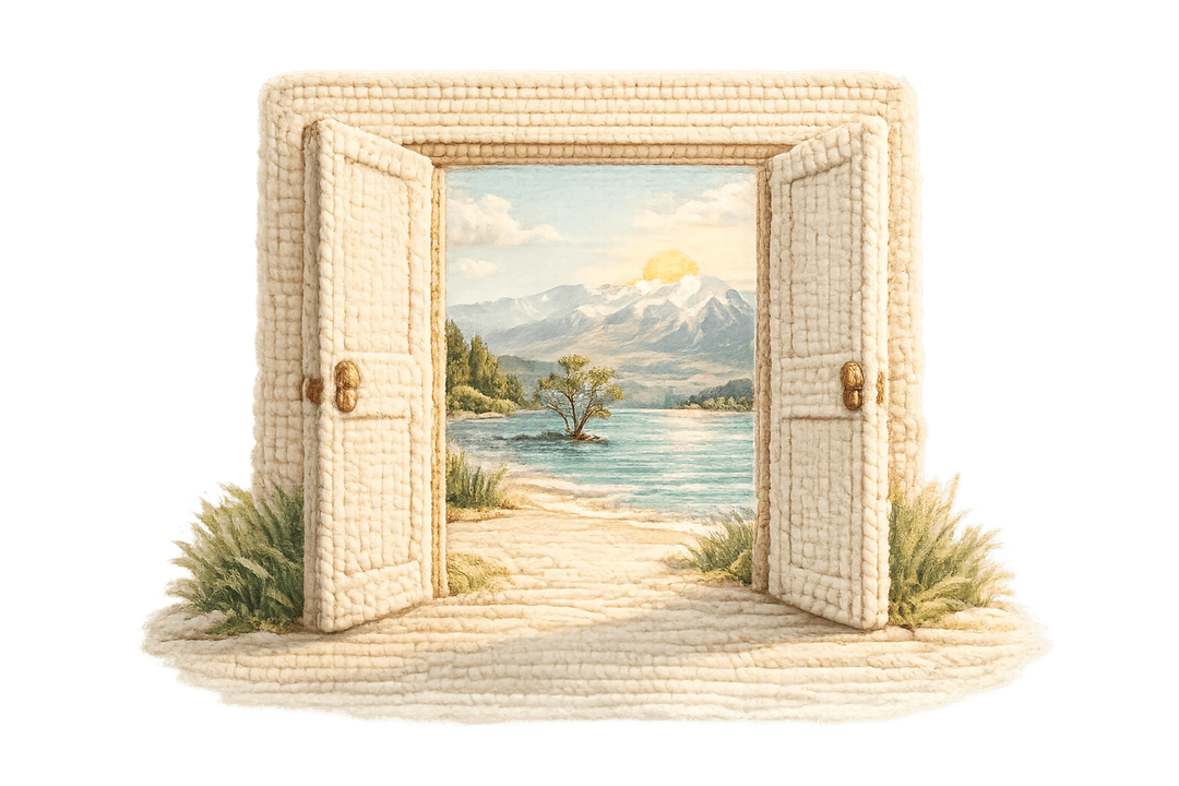 A crochet doorway opening onto a calm, sunlit landscape