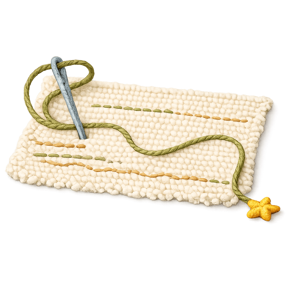 A crochet needle stitching a green thread across a textured page
